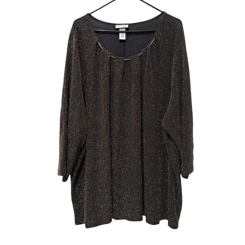Catherines Womens Plus Size 4X Gold Metallic Stretch Pullover 3/4 Sleeve Top